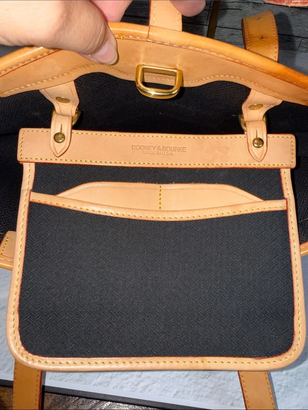 Vintage Dooney & Bourke USA Canvas Bucket Tote British Tan Leather Duck Tag